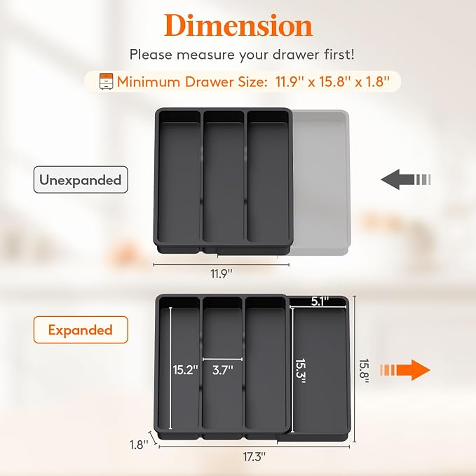 Lifewit Utensil Organizer for Kitchen Drawer, Expandable Cooking Tray | Adjustable Cutlery Flatware Holder, Plastic Silverware Spatula Tools Storage Divider, 11.9-17.3 x 15.8", Black - Image 3