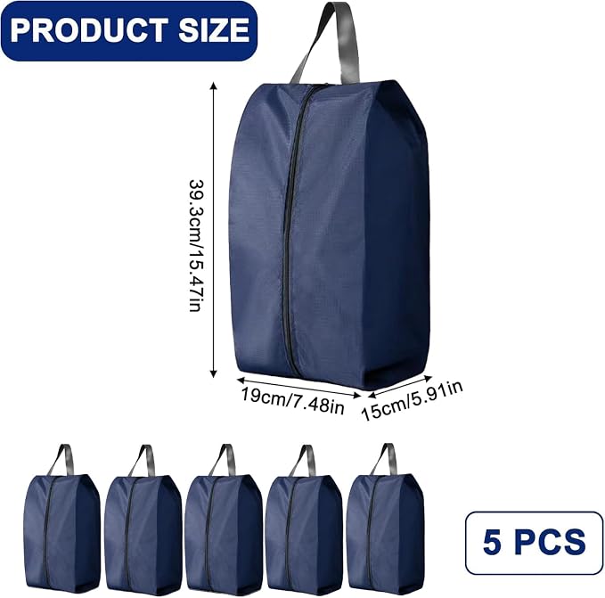 5Pcs Large Travel Shoe Bags Portable Travel Gifts Shoe Organizer with Zipper Closure, Waterproof Nylon Shoe Storage Organizer with Handle Travel Bags For Men and Women, Navy - Image 2
