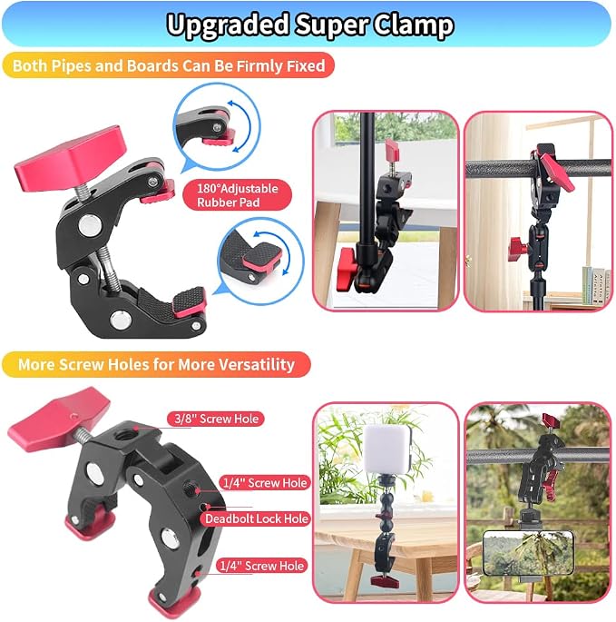 13"/34cm Magic Arm w Clamp, Camera Mount & Clamp w 1/4" 3/8" Threads and Articulating Friction Magic Arm, Overhead Phone Mount, Camera Boom Arm Mount for Light Webcam Mic Action Camera Monitor - Image 4