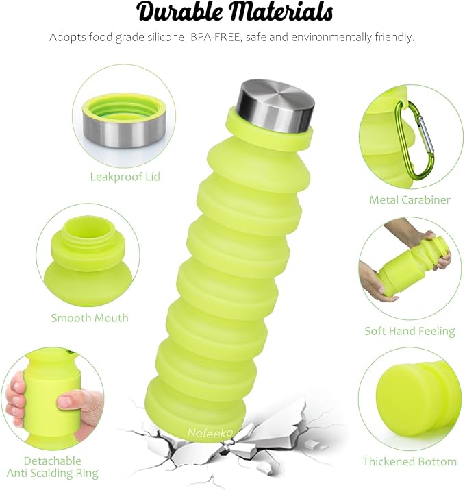 Nefeeko Collapsible Water Bottle, Reuseable BPA Free Silicone Water Bottles | Foldable Water Bottles for Travel Gym Camping Hiking, Portable Leak Proof Sports Water Bottle with Carabiner - Image 3