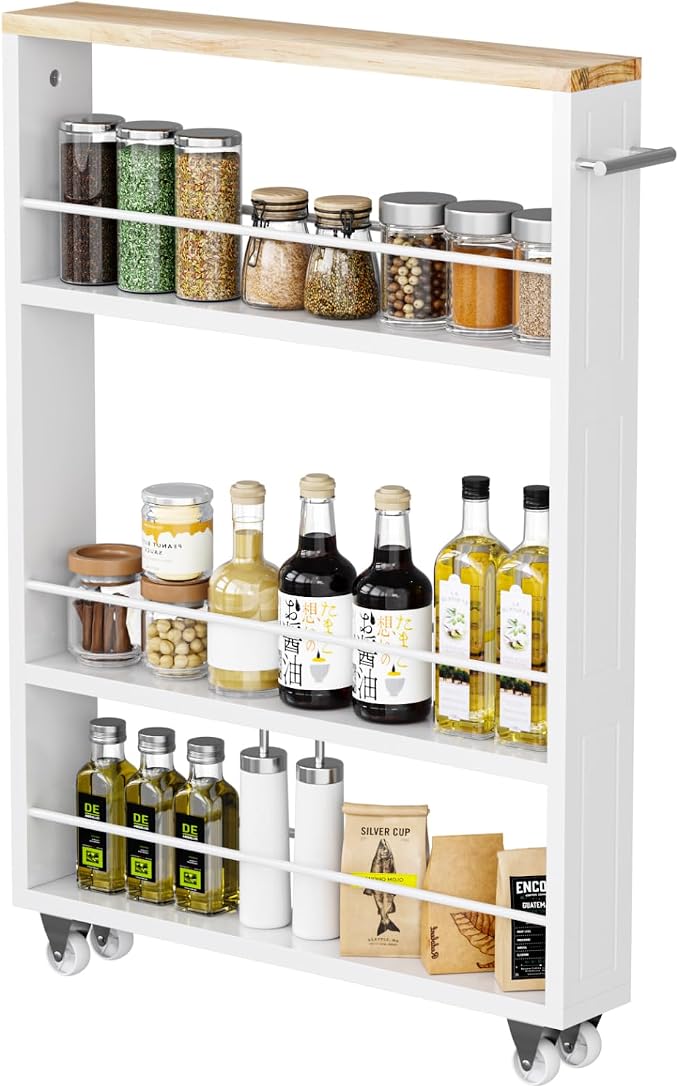 KLM 4 Tier White Slim Storage Cart with Handle, Slide Out Storage Rolling Utility Cart for Kitchen, Laundry, Narrow Places - Image 2