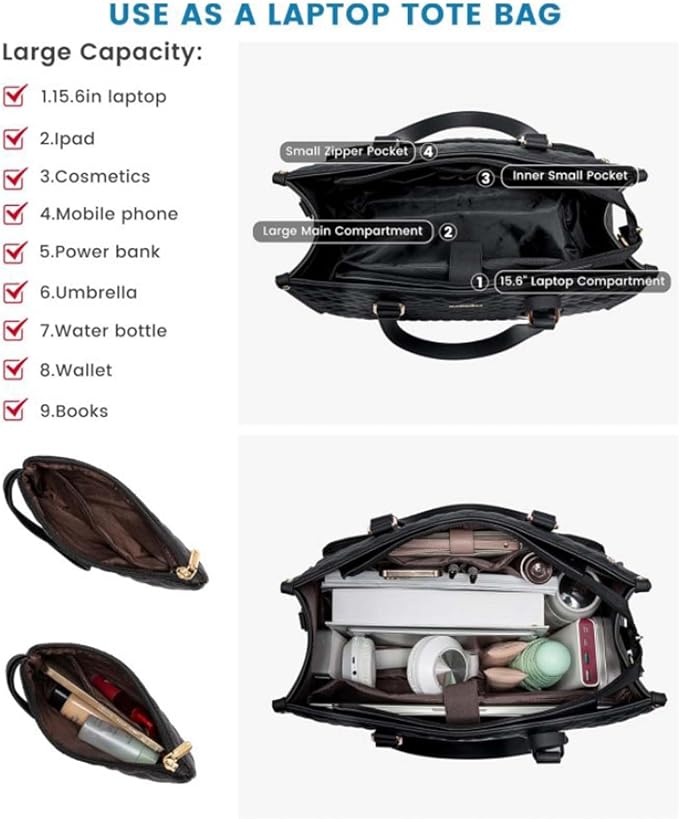 2 in 1 Tote Bag Lunch Bag Combo,Lunch Tote Bag for Women, Large Convertible Laptop Work Handbag for Women (Black) - Image 6