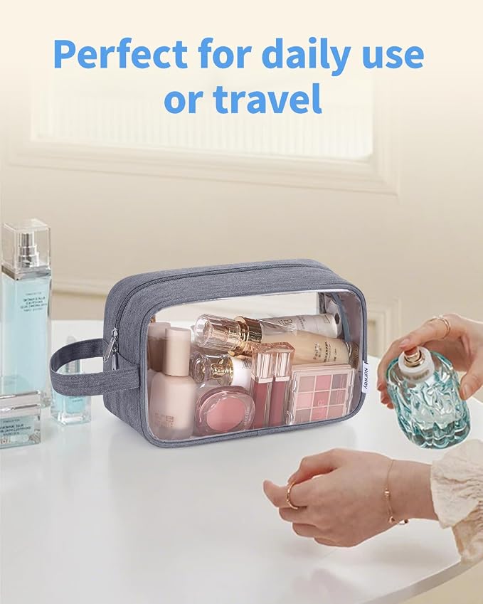 Narwey Clear Travel Toiletry Bags for Traveling Toiletries Men Women, Clear Makeup Bag Cosmetic Bag with Zipper, Make Up Pouch Organizer Bag with Handle, Skincare Beach Snack Medicine Bag, Grey - Image 8