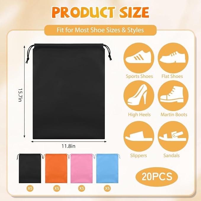 Shoe Bags for Travel, 15.7" x 11.8" Travel Shoe Bags for Packing, Large Waterproof Portable Drawstring Travel Shoe Storage Bag Travel Essentials Women for and Men (Orange & Black & Pink & Blue) - Image 2