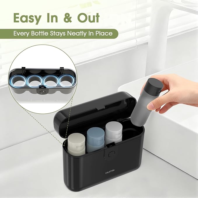 Travel Bottles TSA 4x2oz With Case Leak-Proof Black | Durable ABS hard case, press-to-unlock, 4 individual compartments, wide-mouth bottles for easy fill, leak-proof seals - Image 6