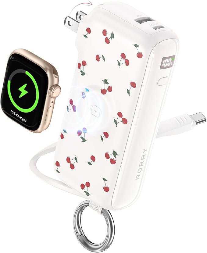 RORRY Flow Portable Charger 10000mAh 40W Wall Plug Power Bank Battery Pack | Built-in USB-C Cable, Keychain Design, Fast Charging, for iPhone 17/16/15, Apple Watch, iPad, 3-in-1, Travel Essential by RORRY