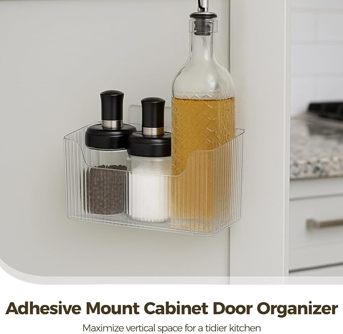 2 Pcs Plastic Adhesive Inside Cabinet Door Organizer - Clear Adhesive Basket Wall Storage with Strong Adhesive, Kitchen Adhesive Cabinet Door Storage Bins, Organizer Basket, 7.9 x 3.5 x 5.7 in - Image 3