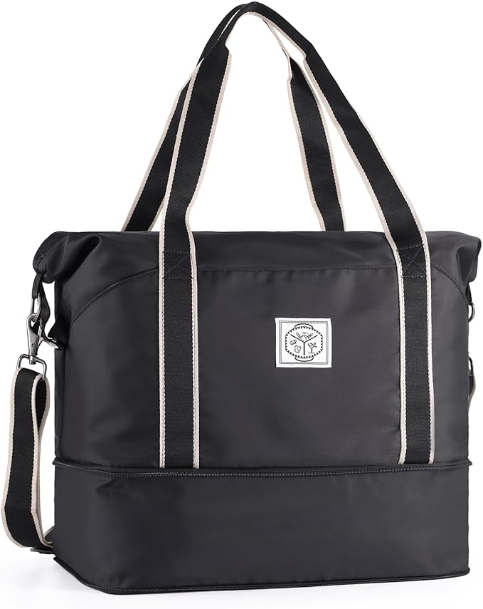 WALNEW Travel Duffel Bag, Weekender Overnight Carry On Bag for Women Men, Foldable Waterproof Gym Luggage with Metal Buckle Detachable Shoulder Strap and Wet Compartment (Black) | Overnight Carry On Bag, Foldable Waterproof Gym Luggage with Metal Buckl... by WALNEW