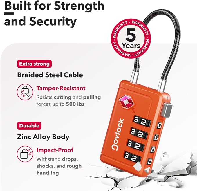 TSA Approved Luggage Locks, Travel Locks with Inspection Indicator | TSA008, Easy to Read Dials, 4 Digit Combination, Flexible Steel Cable, for Suitcases, Backpacks, Bags, 6-Pack, Orange - Image 4