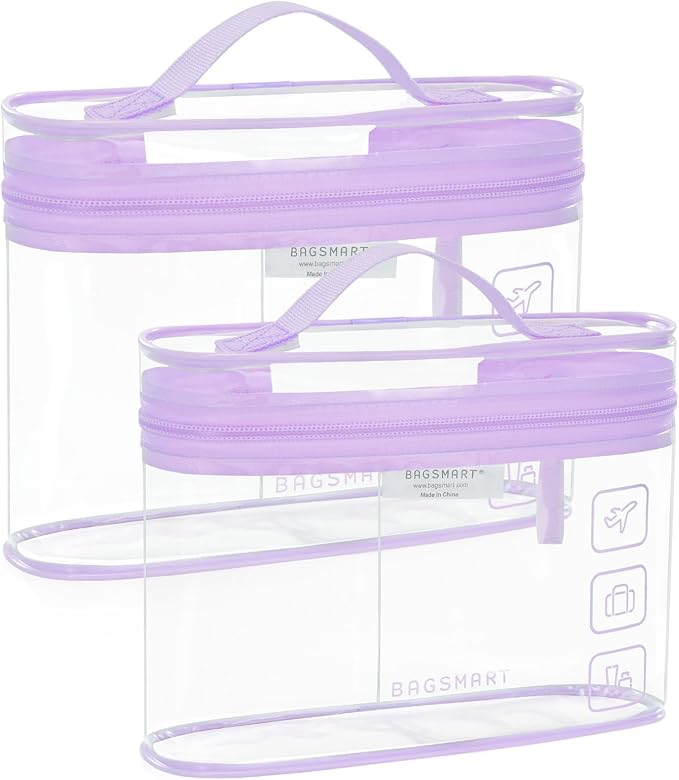 BAGSMART TSA Approved Toiletry Bag, 2 Pack Clear Makeup Cosmetic Bag Organizer, Quart Size Travel Bag for Toiletries, Carry-on Travel Accessories Essentials, Purple-2pcs by BAGSMART
