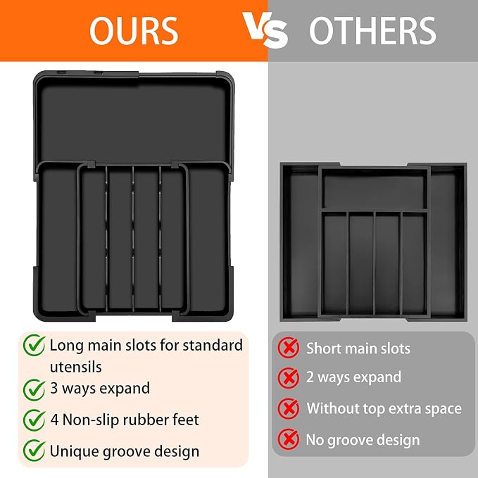Silverware Organizer - Expandable Kitchen Drawer Organizer, Utensil Drawer Organizer, Adjustable Plastic Flatware and Cutlery Holder, Kitchen Organizers Storage for Forks Knives, Black - Image 7