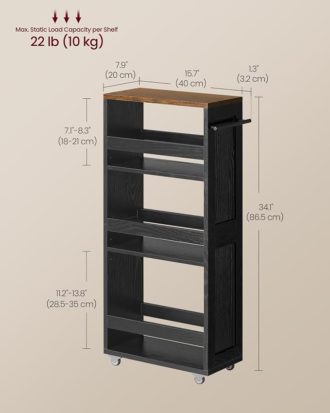 VASAGLE 4-Tier Slide-Out Storage Cart, Slim Kitchen Cart for Small Spaces, with Wheels, Handle, Bathroom, Laundry Room, 7.9 x 17 x 34.1 Inches, Ebony Black and Rustic Brown ULRC051K02 - Image 6