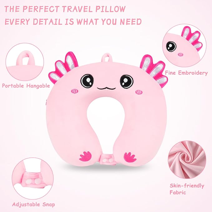 Travel Pillow, Kids Travel Pillow with Sleep Eye Mask Soft Memory Foam Kids Neck Pillow for Boys & Girls, Travel Accessories for Car Airplane Traveling - Axolotl - Image 5