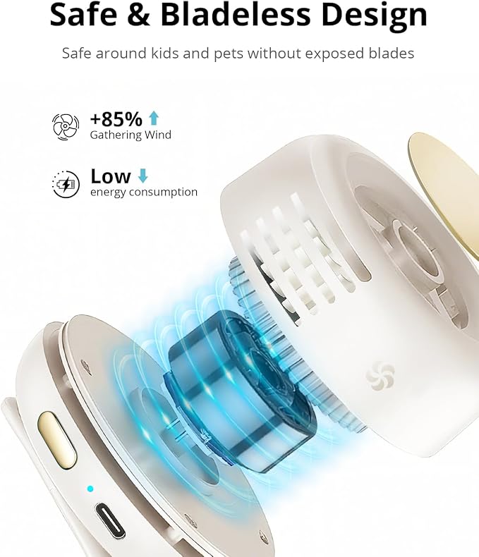 Portable Silent Mini Bladeless Fan Clip On, 3 Speeds & Queit, Hands Free Shirt and Waist Clips Whirlwind Fans, USB Rechargeable, Suitable for Outdoor & Travel & Office (cream white) - Image 4