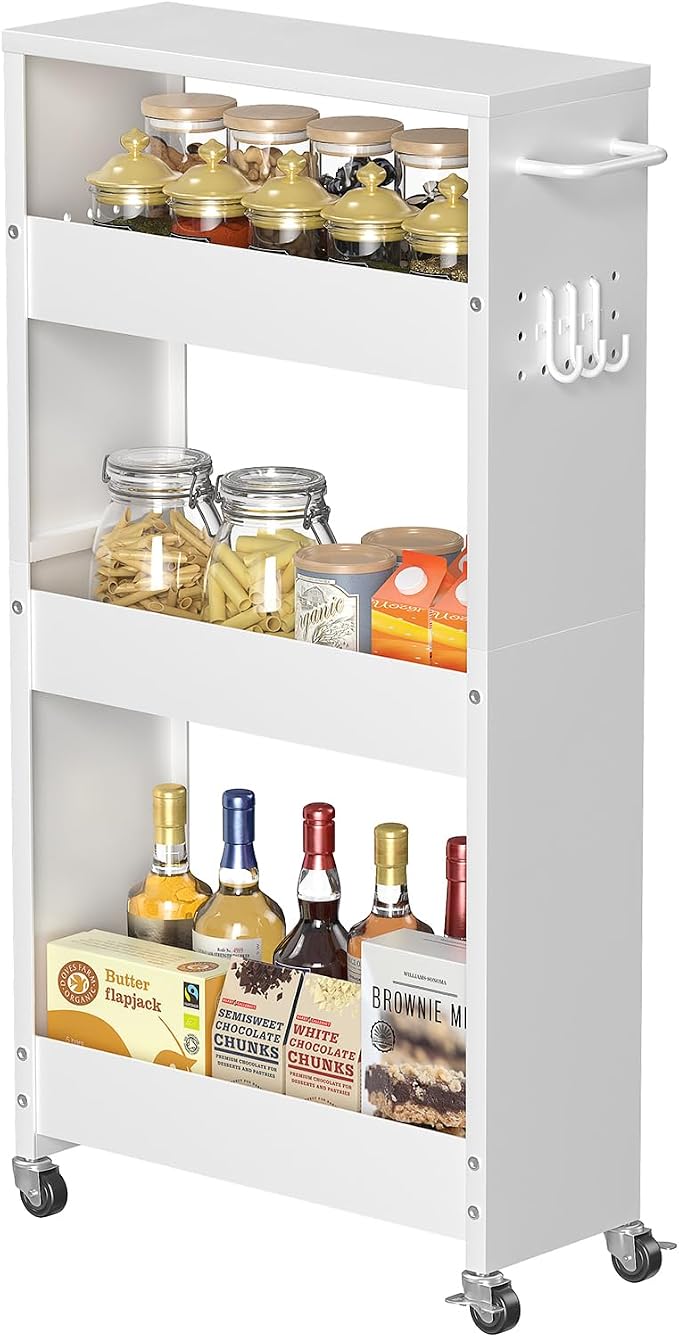 CHLORYARD Slim Storage Cart, 4-Tier Kitchen Rolling Cart Narrow Storage Cabinet with Handle & Wheels, Metal Rolling Shelf Unit for Kitchen Bathroom Laundry Small Places (5.9IN White/White) by CHLORYARD