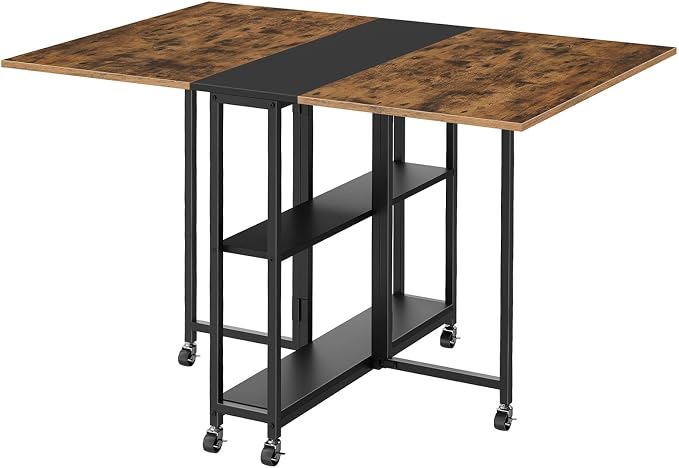 Folding Dining Table, Movable Dining Table, Expandable Kitchen Table, Versatile Table with 6 Wheels and 2-Tier Shelf, for Dining, Living Room, Apartment, Rustic Brown TCZ01BF - Image 9