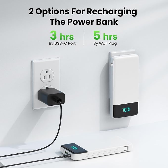 Portable Charger with Built-in AC Plug and Cables,13800mAh All in One USB C Fast Charging Power Bank,Travel Essentials Portable Phone Charger Battery Pack for iPhone 17/16/15/14,Galaxy,Android-White - Image 2