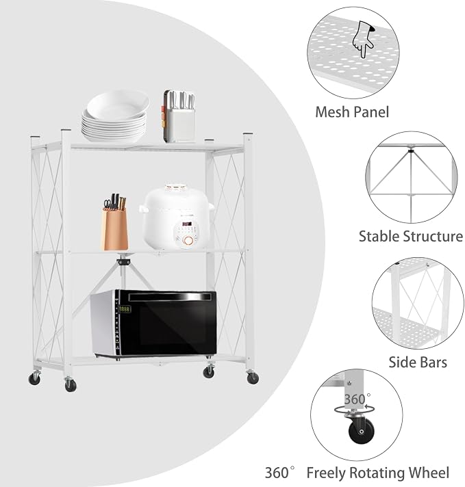 3 Tier Foldable Storage Shelf with Wheels Heavy Duty Garage Shelving | Unit Loads 550 LBS, Metal Steel Collapsible Shelves, Rolling Standing Utility Rack for Kitchen, Pantry, Office, White - Image 6