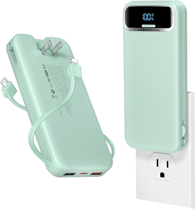 aonidi Portable Charger 12000mAh with Built-in Cables&AC Wall Plug, Green | PD20W USB C Fast Charging,LED Display External Travel Power Bank,TSA approved Battery Pack for All iPhone,Samsung,Android by AONIDI