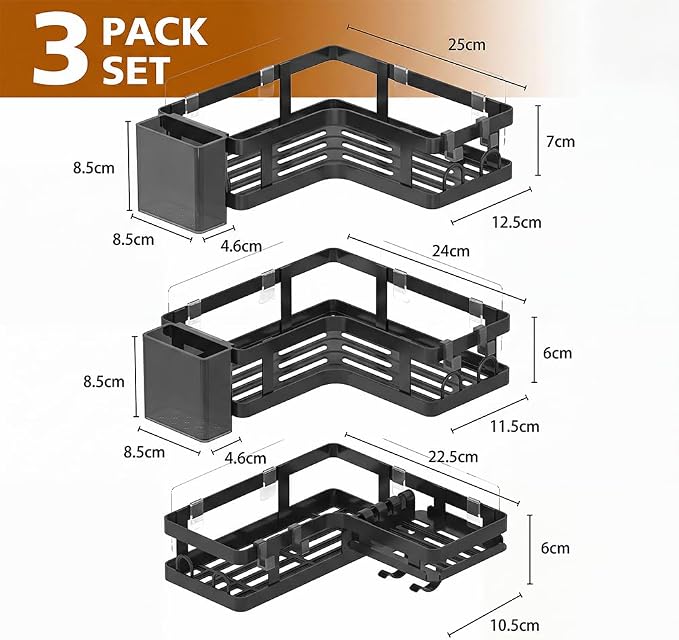 Corner Shower Caddy, 3 Pack Adhesive Shower Organizer Shelves | Rustproof Corner Shower Shelf with Hooks and Toothpaste Holder, No-Drill Adhesive Storage Rack for Bathroom and Kitchen - Image 9