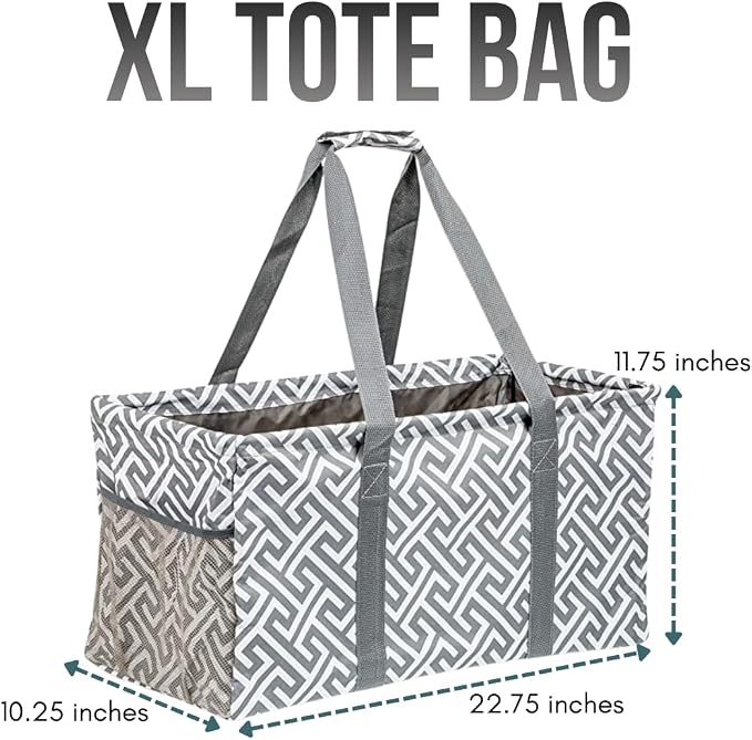 Extra Large Utility Tote Bag, Oversized Collapsible Reusable Wire Frame Rectangular Canvas Basket With Two Exterior Pockets For Beach, Pool, Laundry, Car Trunk, Storage - Geo Grey - Image 4