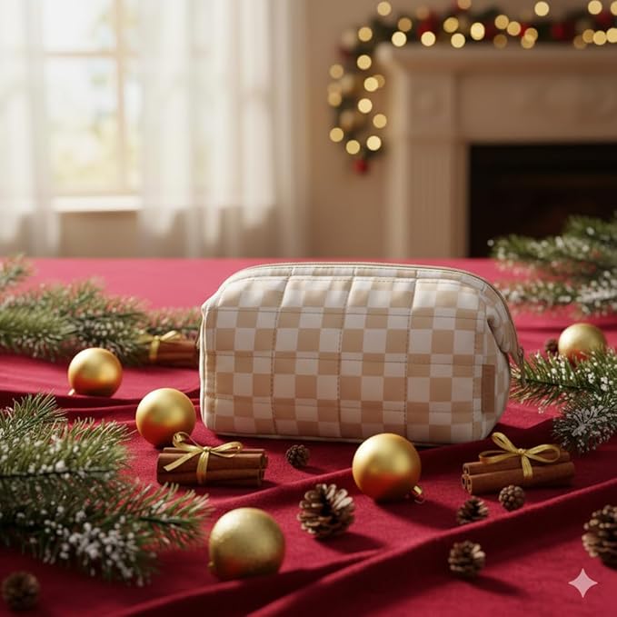 BAGSMART Makeup Bag Travel Toiletry Bag, Zipper Pouch, Checkered Khaki | Wide-open, Puffy Padded, Travel Essentials, Make Up Bag, For Women, Makeup Organizer, Toiletries Accessories Brushes - Image 2