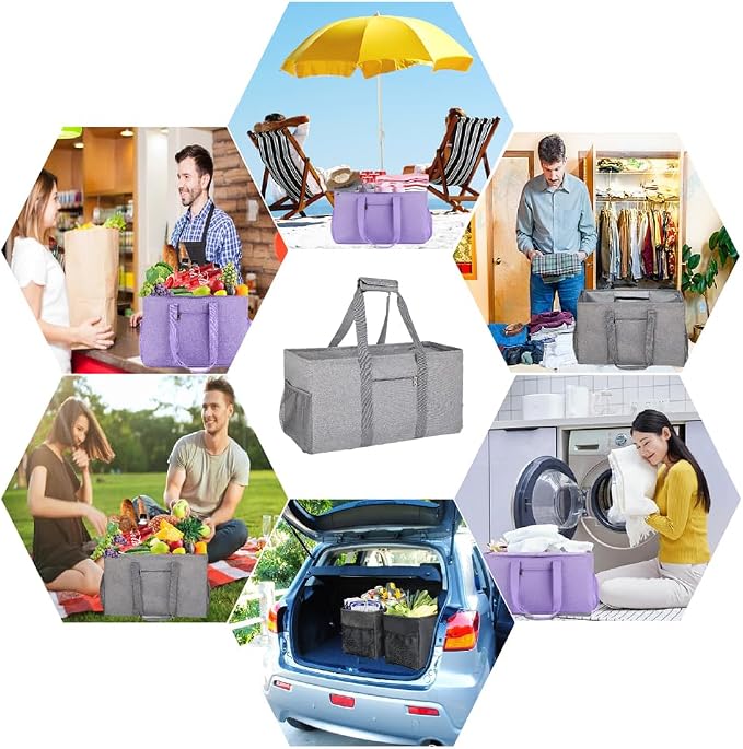 Extra Large Utility Tote Bag - Reusable Grocery Bags Foldable Heavy Duty | Large Shopping Tote 4 Pockets & Reinforced Handles, Water-Resistant Collapsible Tote for Beach, Picnic, Car Storage - Image 6