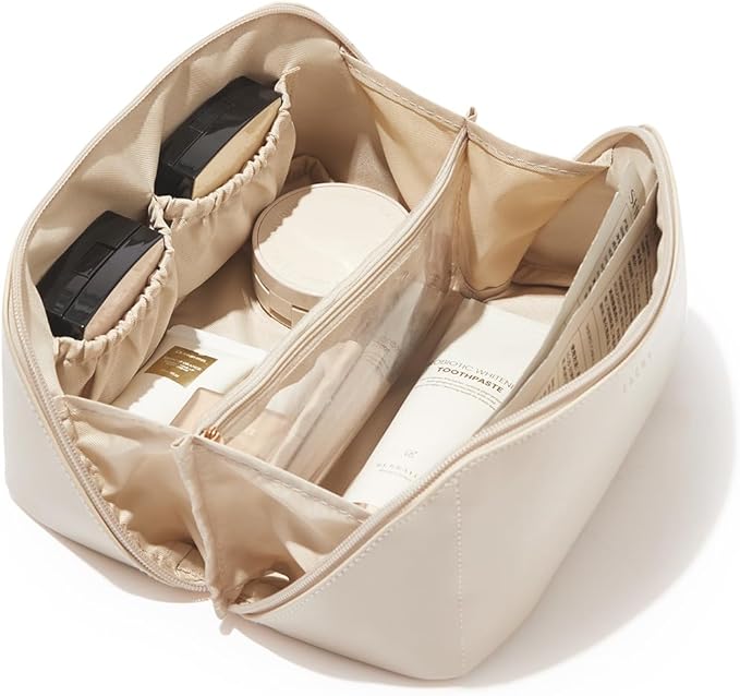 EACHY Travel Makeup Bag for Women, PU Leather Cosmetic Bag, White, Medium | Water-resistant PU leather exterior with flat-open access, clear TPU brush compartment and organized storage for cosmetics by EACHY
