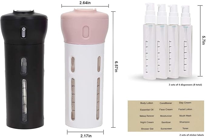 Travigo 4-in-1 Travel Dispenser Bottle Set, TSA Approved, Leak Proof, Reusable 1.4 oz. (40 mL) Toiletry Containers for Shampoo, Conditioner, Soap, Lotion, Skincare (2 Pack, Black & Pink) - Image 7
