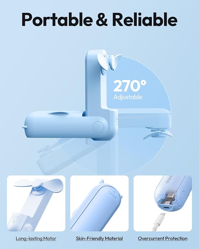 Gaiatop Portable Handheld Fan, 3 in 1 Mini Fan Handheld [17h Max Cooling], Foldable Personal Fans Pocket Design, USB Travel Fans Portable, Lash Trip Summer Essential Cute Gifts for Women Girl, Blue - Image 5