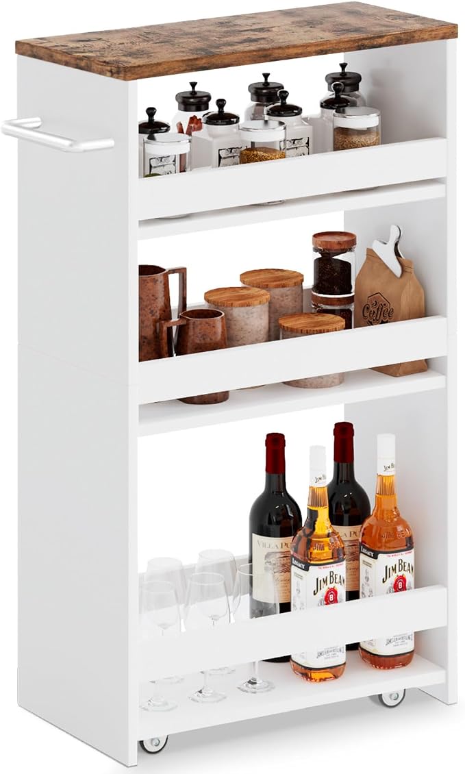 MARTY Slim Rolling Storage Cart 7.9" W Laundry Cart with Wheels,Brown+White | Narrow Utility Cart Between Washer and Dryer, 3 Tier Mobile Shelving Unit for Kitchen, Laundry, Bathroom, Office, Living Room by MARTY