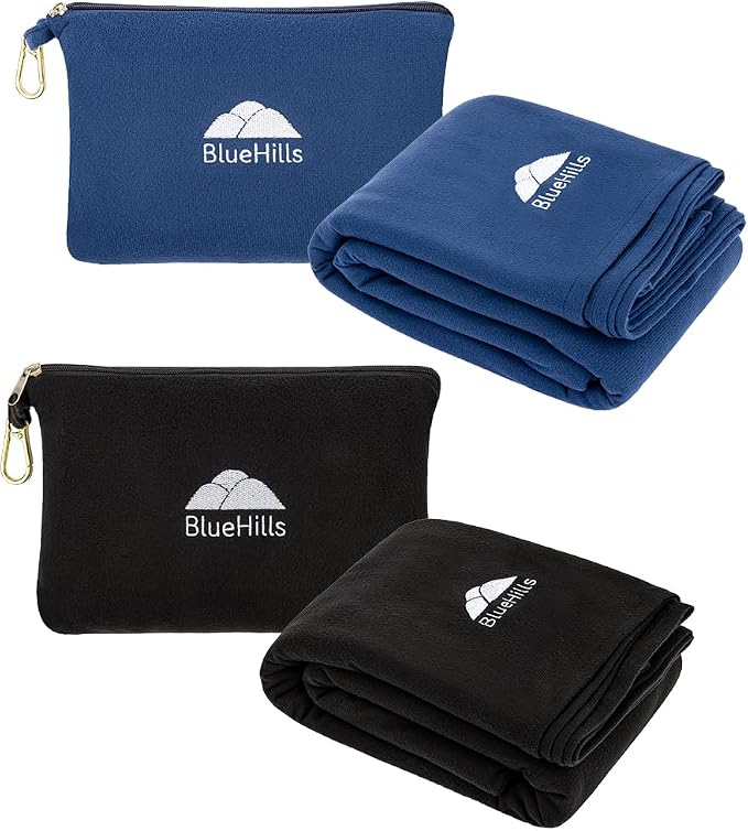 BlueHills Lightweight Travel Blanket Pillows Compact for Two Airplane Traveling Essentials Flight Throws in Bag case with Backpack Clip Compact Large Plane Accessories – Navy Blue and Black by BlueHills