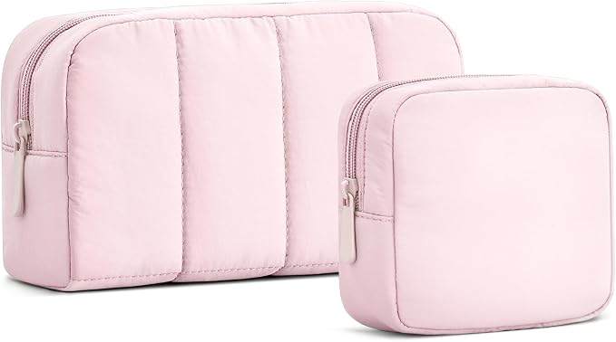 2 Pcs Makeup Bag Travel Toiletry Bag for Women Puffy Padded Cosmetic Pouch Purse Wide-open Makeup Organizer Case Travel Essentials by oscaurt