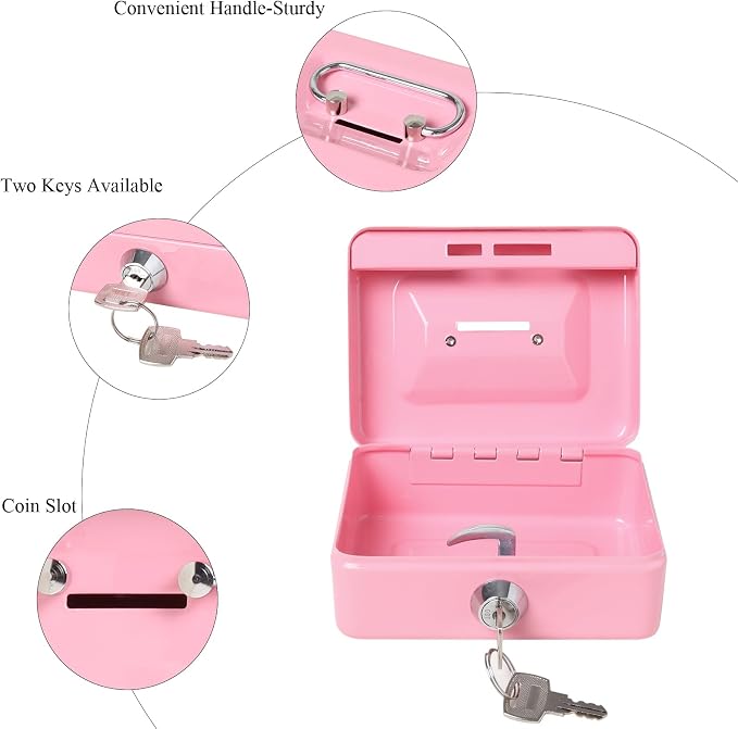 Jssmst Small Cash Box with Lock and Slot, Metal Coin Piggy Bank for Adults and Kids, Pink Locking Money Box - Image 8