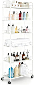 10in Slim Storage Cart, Metal 6-Tier Narrow Rolling Shelf, Sturdy Slim Storage with Hooks Ideal for Kitchen, Bathroom, and Laundry Room (10in White) by RUOZTEOO