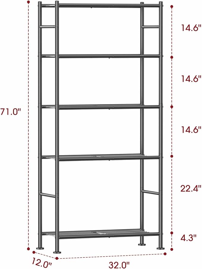 Sakugi Storage Shelves - 5 Tier Shelf Organizer, Sturdy Metal Garage Shelving with Adjustable Leveling Feet, Space-Saving Shelves Organizer for Pantry, Laundry, Kitchen (32" x 12" x 71", Black) - Image 2
