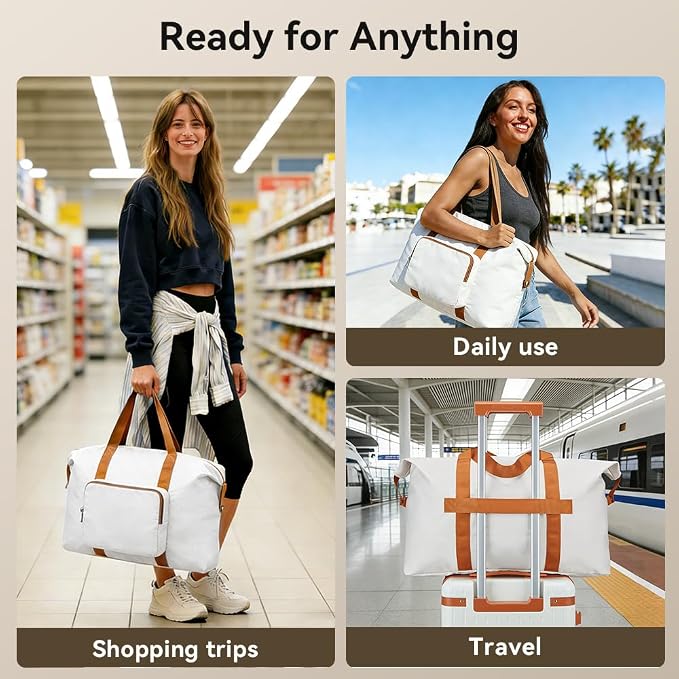 Travel Duffel Bag 60L Large Tote Carry On Foldable, White-Brown | Carry On Duffel Bag for Women Men, Foldable Bags for Travel, Hospital Bag for Labor and Delivery, Weekender Overnight Bag - Image 6