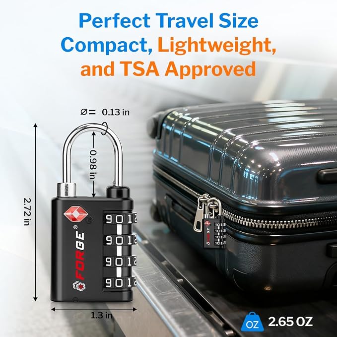 Forge Dual-Opening: Key or Combination Lock, TSA Approved Lock for Luggage, Pelican case, Travel, Gym, School,Luggage Combination Lock,Travel Bag Lock (Black 2 Pack) - Image 4