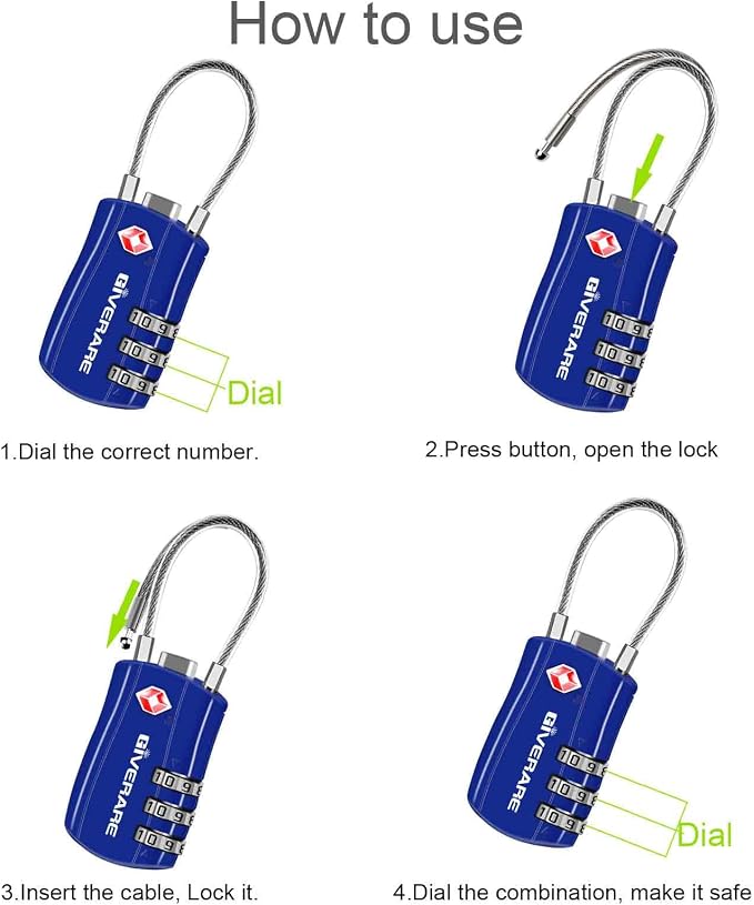 GIVERARE 2 Pack TSA Approved Luggage Locks, Combination Travel Cable Lock, Re-settable 3-Digit Padlocks with Alloy Body, Keyless TSA Padlock for Gym Locker, Golf Bag Case-Blue - Image 6