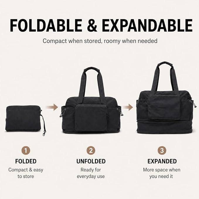 Foldable Travel Duffel Bag,Packable Weekender Bag with Luggage Sleeve, 35L-45L Expandable Overnight Carry-On Tote with Padded Shoulder Strap, Lightweight Nylon Extra Bag for Travel - Image 2