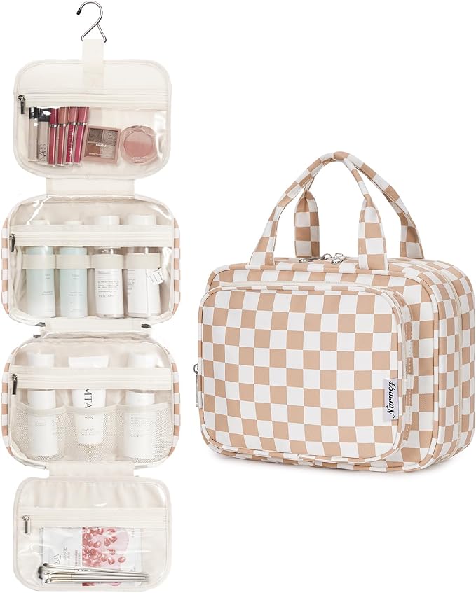Narwey Hanging Toiletry Bag for Women Travel Makeup Bag Organizer Toiletries Bag for Travel Size Essentials Accessories Cosmetics (Light Checkerboard (Medium)) - Image 2