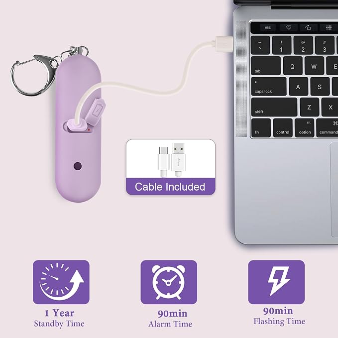 Personal Safety Alarm - Waterproof Rechargeable Security Alarm - 140dB Extra Loud Siren & Strobe Light - Self Defense Keychain - Gift for Women, Teenagers, College Girls, Seniors(Wisteria) - Image 5