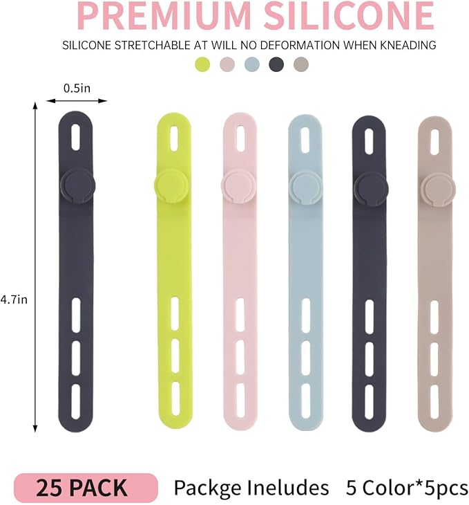 Oligei 25 Pcs Silicone Cable Ties, Cable Ties Reusable, High Elasticity Cord Wraps for Electrical Cords, Cord Organizer for Earphone, Phone Charger(Colorful) - Image 2