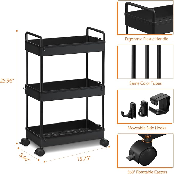 Ronlap 3 Tier Slim Rolling Storage Cart with Wheels Utility Organizer,Black | For bathroom, laundry, kitchen, bedside & dorm. Fits art, craft, snack, makeup, nail, diaper & postpartum baby supplies - Image 2