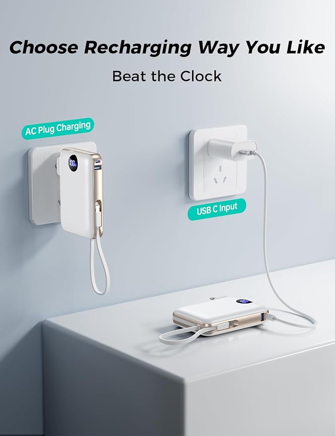 Portable Charger Power Bank 10000mAh,Built-in Cables & AC Plug | Built-in Cables & AC Plug, 22.5W Fast Charging, 4-Device Charging, Travel Essential, for iPhone, iPad & Samsung Galaxy, White - Image 4