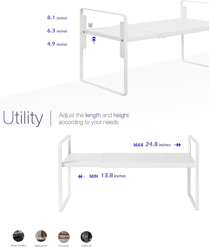 Nxconsu Cabinet Shelf Riser, Adjustable Cabinet Organizer, 10.3" Deep White | Heavy-Duty Metal Expandable Shelf Holds 50 lb with 3 Height Levels for Kitchen Cabinet Cupboard Pantry Dish Mug - Image 5