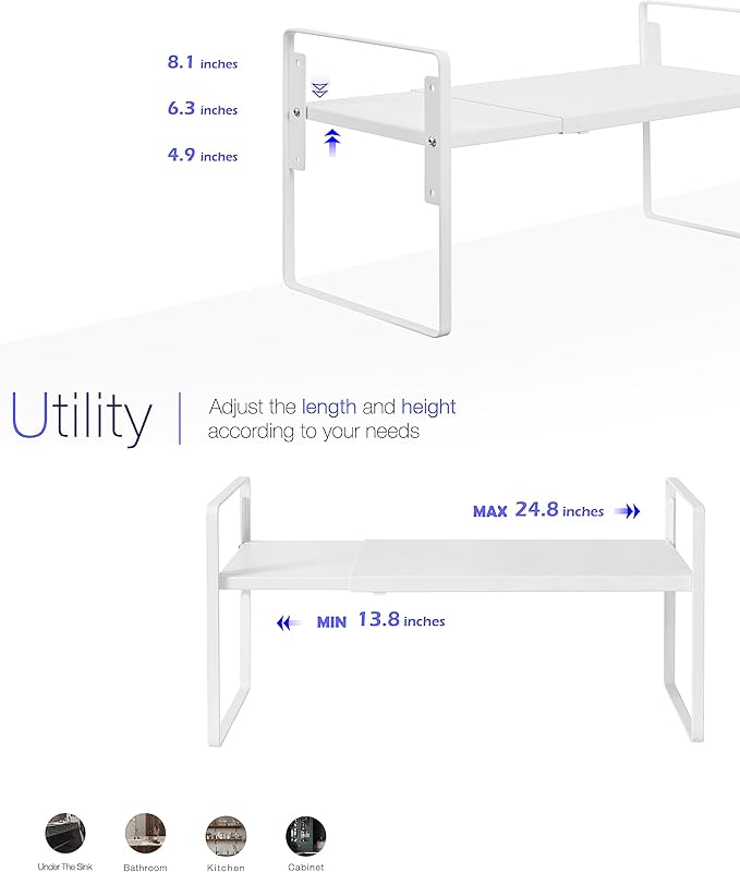 Nxconsu Cabinet Shelf Riser, Adjustable Cabinet Organizer, 8.6" Deep White | Heavy-Duty Metal Expandable Shelf Holds 50 lb with 3 Height Levels for Kitchen Cabinet Cupboard Pantry Dish Mug - Image 4