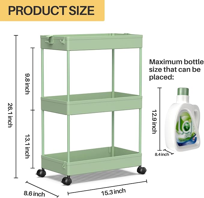SPACEKEEPER 3 Tier Rolling Cart, Bathroom Cart Organizer with Wheels, Green | Mobile Storage Cart for Laundry Room Organization,Kitchen,Office,Bathroom, Utility Cart for Snack,Craft,Art,Makeup,Nail,Toys - Image 4