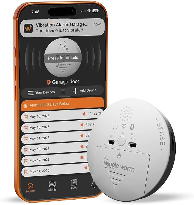 WiggleWorm Alert™ Mini Motion Vibration Sensor Alarm (2-Pack) – Stick Anywhere Smart Home Detector for Jewelry Box, Kids Door, Safe & Mailbox | Phone App Instant Alerts, Audible & Silent Modes by Unknown