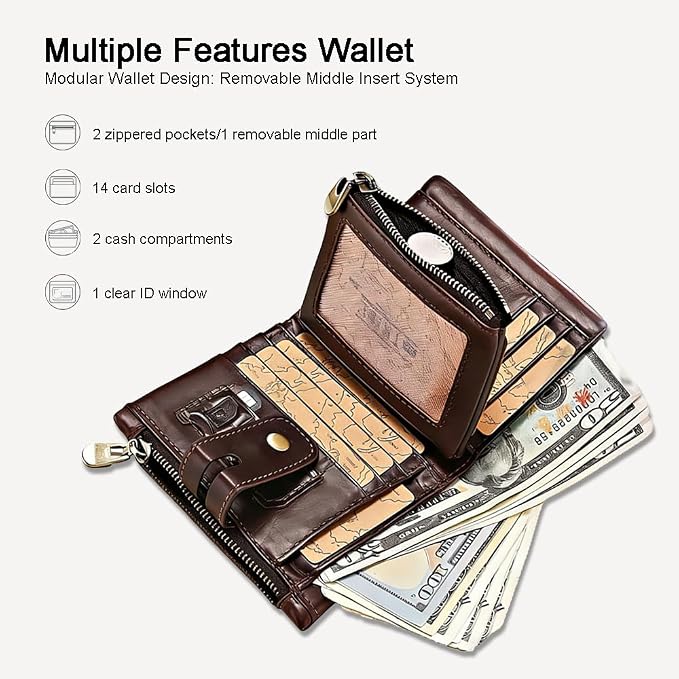 Mens Wallet with Chain Genuine Leather 1 ID Window Purse with RFID Blocking Bifold Double Zipper Coin Pocket - Image 5